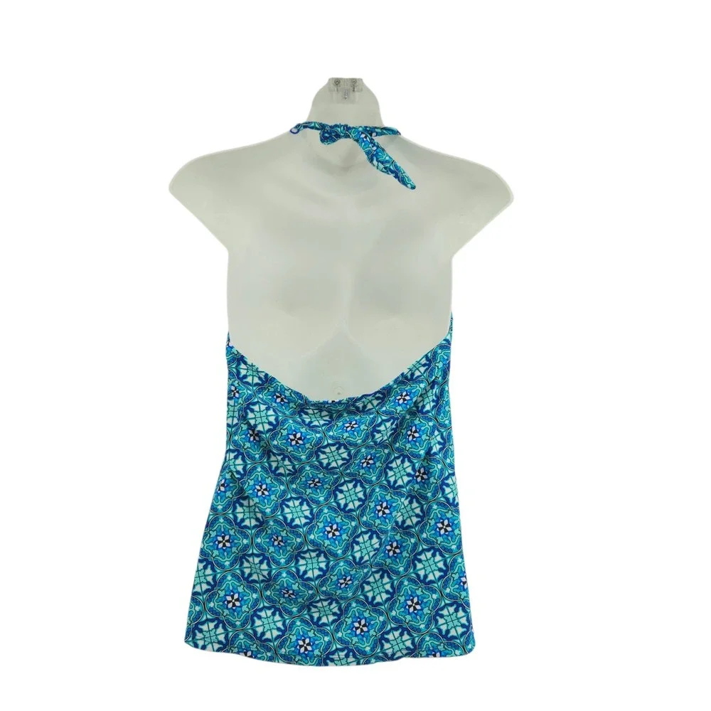 Assets by Sara Blakely Swim Tankini Top Women Large Blue Geometric Halter Ruffle